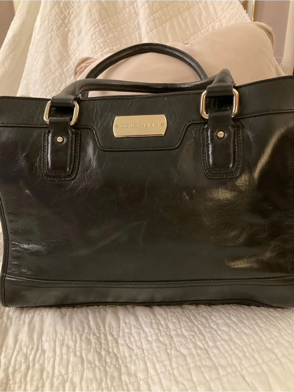 Cole Haan Black Leather Structured Briefcase with Gold Plate